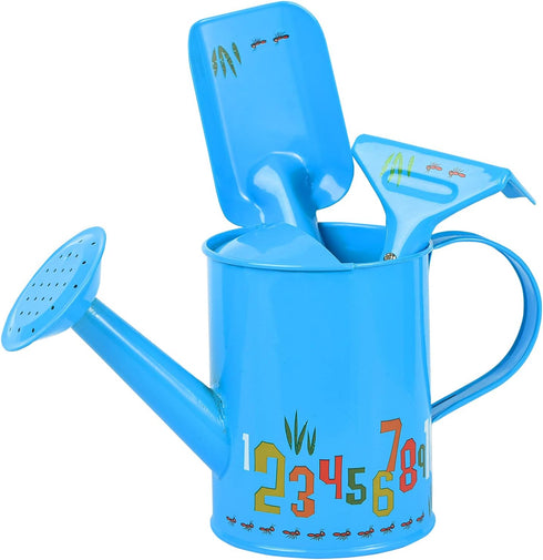 Sungmor Small Watering Can Set Cute Little Gardener Kit | Package includes 3PC Blue Number Watering Can & Trowel & Rake Gardening Hand Tools | Per...