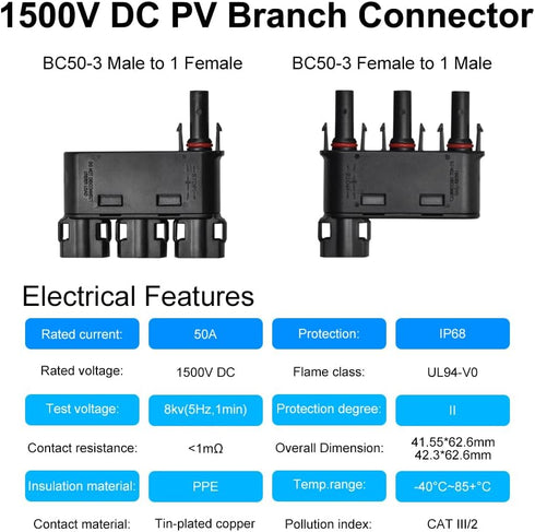 Solar Branch Connector 50A,DC1500V IP68 Waterproof 3 to 1 Y Connectors for Parallel Connection Between Solar Panels (1 Pair M/FFF + F/MMM)...