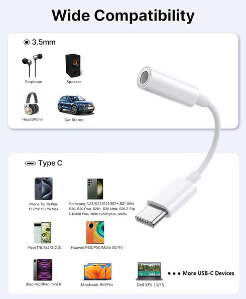 USB-C to 3.5 mm Headphone Jack Adapter for Apple iPhone 15, iPad Pro, MacBook Pro/Air, Samsung S23/ S22 Ultra, Pixel 7 and More (White - 1 Pack)...