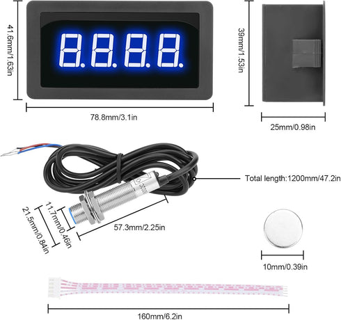EEEkit 4 Digital Blue LED Tachometer, RPM Speed Meter Digital Motor with Hall Proximity Switch Sensor NPN for Conveyor Belts...