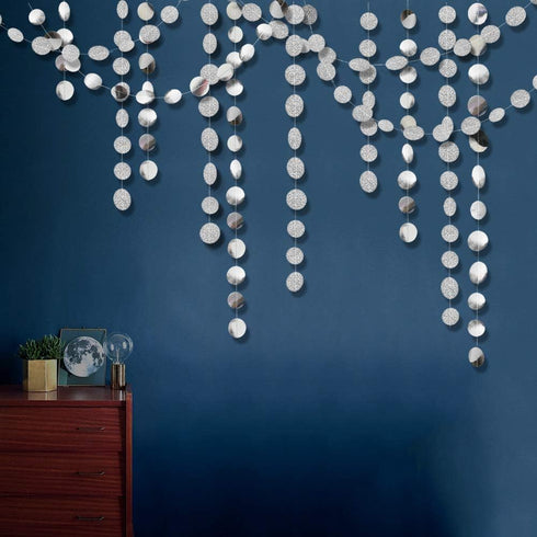 Cheerland Glitter Silver Circle Dot Garlands Metallic Silver Party Decorations Hanging Circle Banner Streamer Backdrop Decor Wedding Birthday Bday...