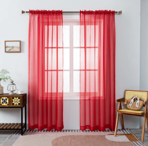 WPM Red Sheer Curtains 58" Wide x 84" Long 2 Panels Livingroom Window Treatment Rod Pocket Sheer Voile for Bedroom, Kitchen, Living Children Room ...