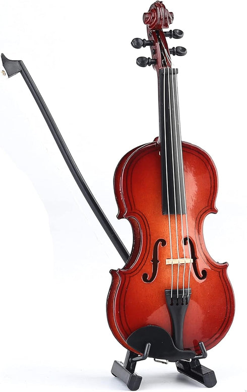 Dselvgvu Wooden Miniature Violin with Stand,Bow and Case Mini Musical Instrument Miniature Dollhouse Model Ornament Home Decoration (5.63"x2.05"x0...