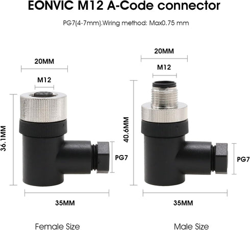 Eonvic Right Angle M12 5 Pin Male & Female A Code Circular Aviation Plug Industrial Sensor Connector Waterproof 12mm Connector Plug Cable Adapter ...