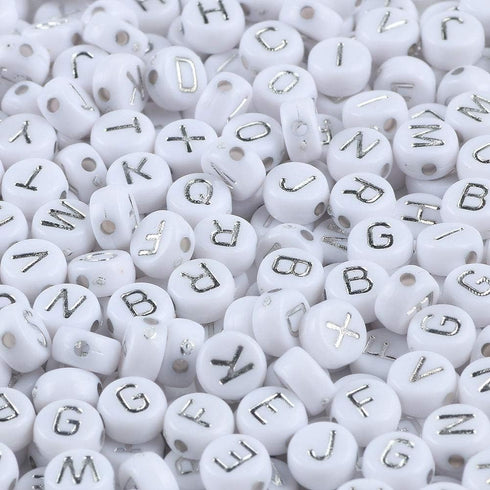 Song Xi 1200pcs Silver Letter Beads Bracelets White Round Acrylic Alphabet Beads 4x7mm White and Silver Letter Beads for Jewelry Making Crafts Chr...