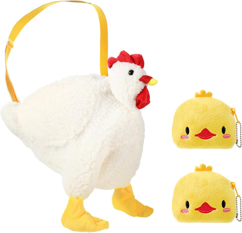 3 Pcs Cartoon Fluffy Chicken Bag Include 2 Pcs Cute Chicken Wallet Zipper Chicken Purse 1 Pcs Crossbody Chicken Plush Shoulder Bag Rooster Bag wit...