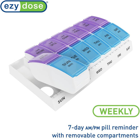 Ezy Dose Weekly (7-Day) AM/PM Pill Organizer, Vitamin and Medicine Box, Small Pop-out Compartments, 2 Times a Day, Blue and Purple Lids...