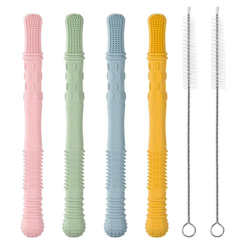 Baby Teether Tubes Teething Toys, 4 Pack silicone Hollow Teething Sticks for Babies 0-36 Months Chew Straw Toy Infant Teething Relief Toddlers Tee...