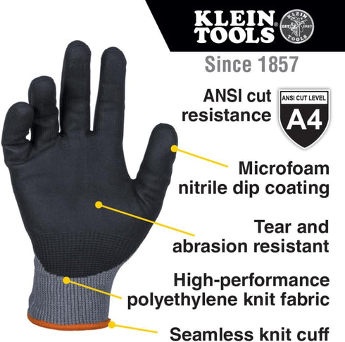 Klein Tools 60587 Work Gloves, Knit Dipped Cut Resistant ANSI A4 Nitrile Coated Gloves, HPPE Fabric, Touchscreen Capable, Small, 2-Pair...