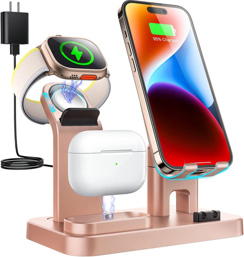 4 in 1 Charging Station for Multiple Devices Apple, 20W Self-Adjustable Charger for Apple Watch 9 8 SE 7 6 5 4 3 2 1, AirPods Pro/3/2/1, iPhone/Sa...