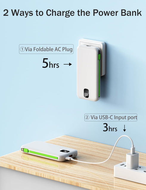 Portable Charger with Built-in Cables & AC Wall Plug 10000mAh Power Bank Fast Charging USB C for iPhone Samsung Android Phone External Battery Pac...