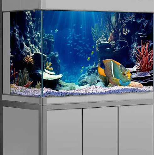 60X24IN Blue Sea Floor Aquarium Background, Natural Underwater World 3D Effect Fish Tank Decorations Background, Art Terrarium Background with 8 E...