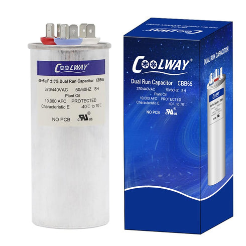 COOLWAY 45/5 uF 45+5 MFD 370V or 440V Dual Run Start ac Capacitor for ac 45 5 CBB65r CBB65b Capacitor 370 440 Volt vac Air Conditioner Capacitor f...