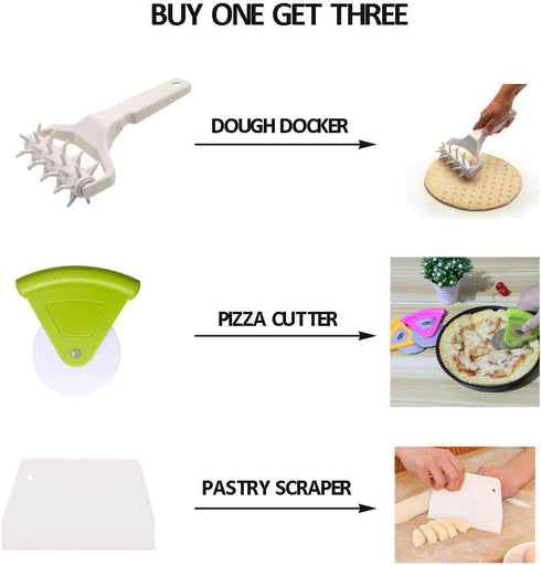 Time-Saver Pizza Dough Roller Docker - Dough Blistering Killer - Buy One Get Three (Pizza Cutter and Pastry Scraper) - Gift Package...