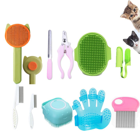 10PCS Cat&Dog Grooming Brush Kit,Self-Cleaning Grooming Brush Removes Loose Hair?Pet bath brush,Bath Massage Glove Brush, Nail Clipper, Flea Comb...