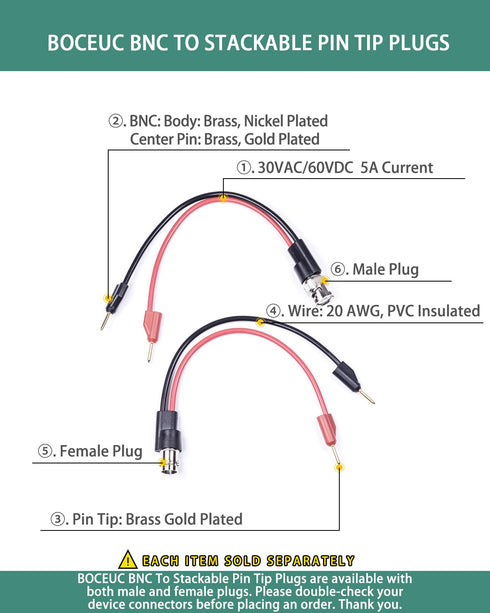 BNC Test Leads, BNC (F) to Stackable Pin Tip Plugs, Test Lead Breakout Cable for Multimeter...