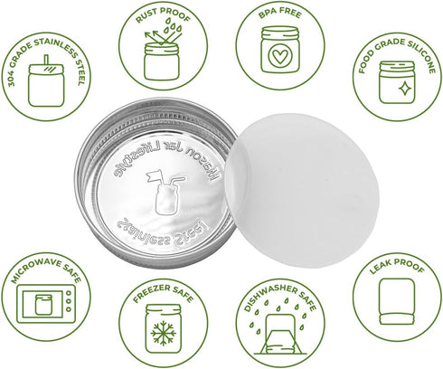 Mason Jar Lifestyle 5 Pack Stainless Steel Storage Lids with Platinum Silicone Liners for Wide Mouth Jars – Heavy Duty Caps for Mason Jars – Airti...