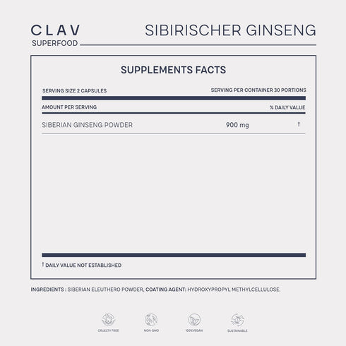 CLAV® Siberian Ginseng - 900mg Eleuthero Root Powder - Energy Supplement - Reduction of Tiredness & Fatigue - 60 Ginseng Capsules - Made in German...