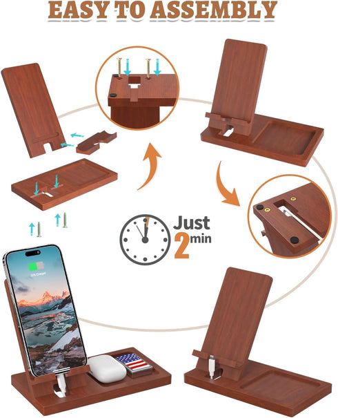 Cell Phone Stand with Tray, Wood Phone Docking Station for Men, Phone Holder for Desk, Men's Docking Station and Organizer, Wooden Desk Organizer...
