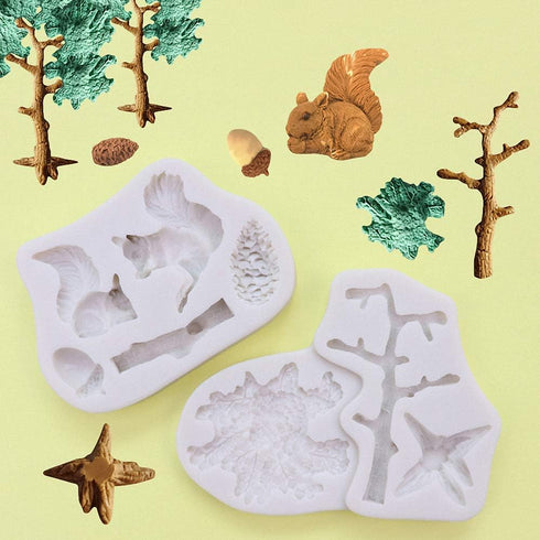 3Pcs/Set Forest Animal Silicone Fondant Molds Squirrel Chocolate Candy Mould Lumberjack Woodland Stump Pine Cones Wooden Tree Trunk Polymer Clay M...