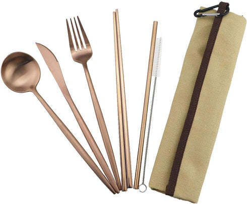 Reusable Travel Utensils, 7 Piece Portable 304 Stainless Steel including Knife Fork Spoon Chopsticks Cleaning Brush Straws Portable Pouch, Eco-fri...