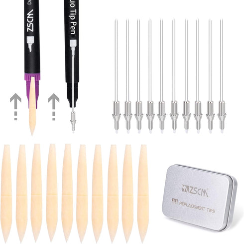 ZSCM Duo Tip Brush Markers Replacement Nib Tips, Include 10 Brush Tips, 10 Fineliner Tips...