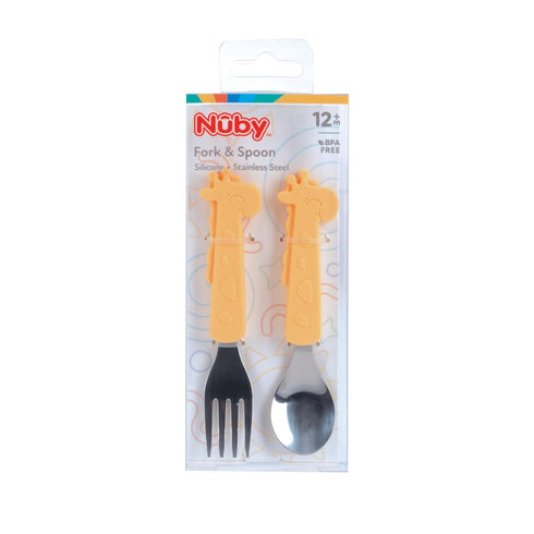 Nuby Animal Friends Silicone and Stainless Steel Fork and Spoon Set - 12+ Months - Yellow Giraffe...