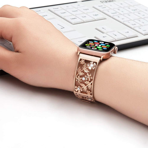 Floral Band Compatible with Apple Watch Jewelry Band 38mm 40mm 41mm 42mm iWatch Bands Series 10 9 8 7 SE,Bling Crystal Bracelet Hollow Metal Strap...