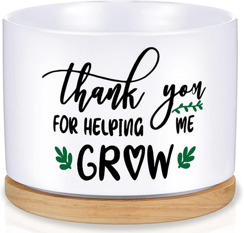 Teachers Appreciation Gift Thank You for Helping Me Grow Gifts Succulent Pots Ceramic Flower Planter Pot with Bamboo Tray White Teacher Plant Pots...