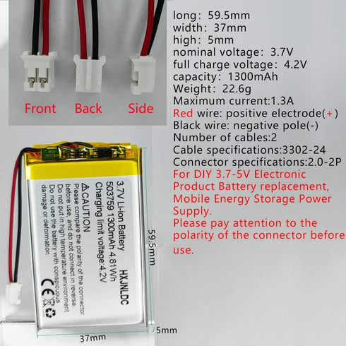 DC 3.7V 1300mAh 503759 rechargeable lithium polymer replacement battery for DIY 3.7-5V electronic product, mobile energy storage power supply...