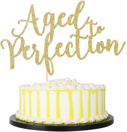 PALASASA Aged to Perfection Cake Topper - Happy Birthday, Wedding, Engagement Party Decorations Supplies (Golden)...