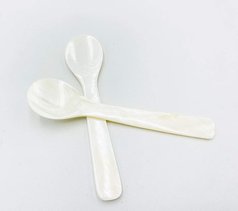 2 Pack 4.73inch Caviar Spoons Handcraft Mother of Pearl MOP Caviar Spoon W Round Handle with One Plastic Storage Box - White, Style D...