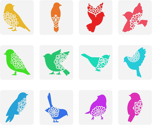 FINGERINSPIRE 12 Pcs Bird Stencil 5.9x5.9 inch Bird Silhouettes Stencil Plastic Birds with Flowers Pattern Stencil Reusable Stencil for Painting B...
