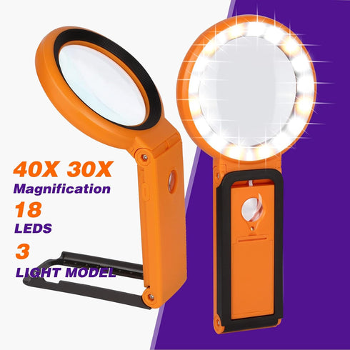 30X 40X Magnifying Glass with Light and Stand, Foldable Handheld Magnifying Glass 18 LED Illuminated Lighted Magnifier for Macular Degeneration, S...
