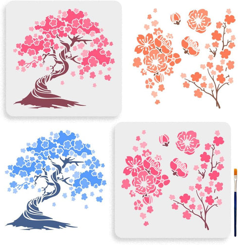 2pcs Cherry Blossoms Stencils 11.8×11.8inch Large Blooming Stencil with Paint Brush Square Japanese Style Drawing Template for Wood Walls Canvas F...