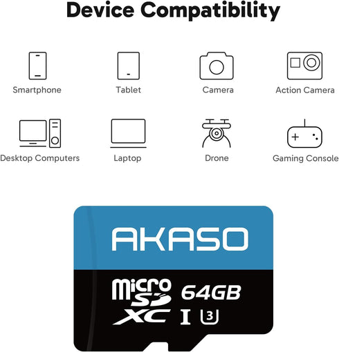 AKASO 64GB microSDXC U3 Memory Card - Up to 100MB/s, UHS-I C10, U3, Full HD, 4K UHD, MicroSD Card...