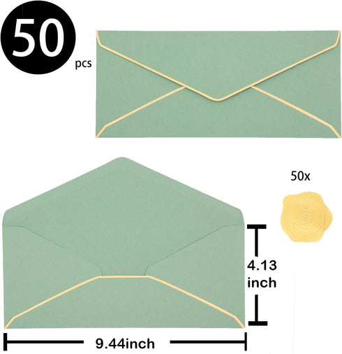 50 pcs Sage Green Business Envelope with V-Flap, Gold Border & Golden Sticker, 10 Self Adhesive Envelopes for Office, Checks, Letter Mailing, Invo...