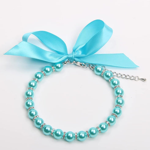 Dog Cat Pearls Necklace Collar with Bling Accessories and Ribbon Bow Pet Puppy Jewelry for Female Dogs Cats Small Medium (S, Blue)...