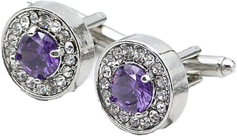 V & L Round Purple Crystal Cuff links Silver – Fancy Unique Elegant Sparkling Luxury Gem Stone Cufflinks for men Round - Perfect for Wedding, Form...