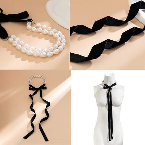 Pearl Velvet Choker Necklace for Women Elegant Boho Pearl Choker Necklace Ribbon Bow Long Black Velvet Choker for Girls Jewelry Gift...