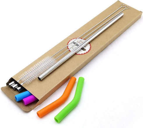 Big Drinking Straws Reusable 12" Extra Long 8mm Extra Wide Food-Grade 18/8 Stainless Steel Silicone Elbows Tips for Smoothie Milkshake Cocktail Ju...