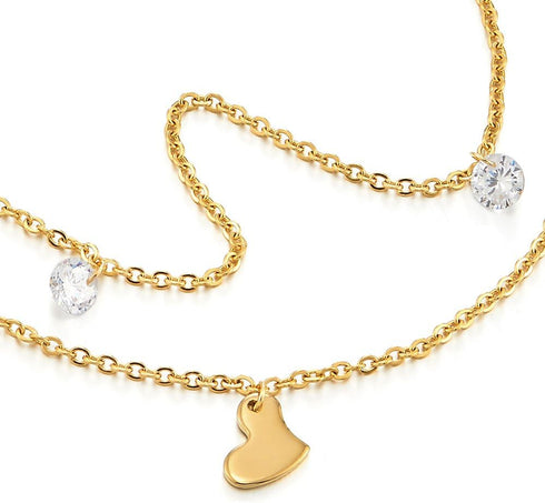 COOLSTEELANDBEYOND Two-Row Stainless Steel Gold Color Anklet Bracelet with Dangling Charms of Cubic Zirconia and Hearts...