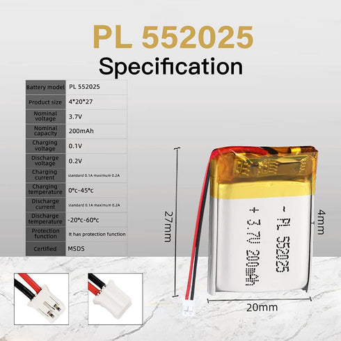 3.7V 200mAh 552025 Lipo battery Rechargeable Lithium Polymer ion Battery Pack with PH2.0mm JST Connector...