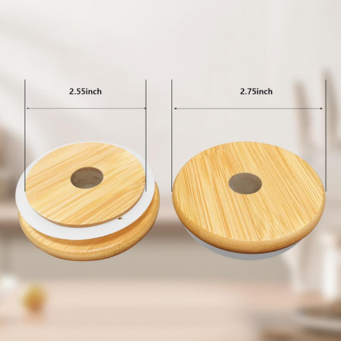 Mason Jar Lids with Straw Hole, 2.76inch/70mm Bamboo Mason Jar Lids for Regular Mouth Drinking Jars, Reusable Wooden Lids, Bamboo Lids Perfect for...