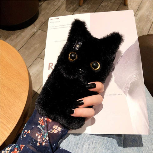 SGVAHY Furry Case for iPhone 7/8/SE2/SE3 Cute Cat Black Fur Fluffy Soft Warm Plush Fuzzy with Bling Glitter Protective Case for Women Girls...