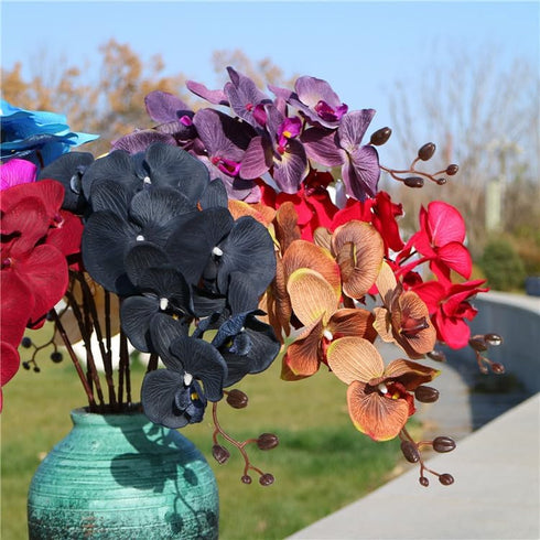 Rikyo 8 Heads Faux Black Orchid,40" Bouquets 2 Stem Phalaenopsis No Fade Petals Fake Flowers Forever Plants for Home Decoration, Office Decor,Wedd...