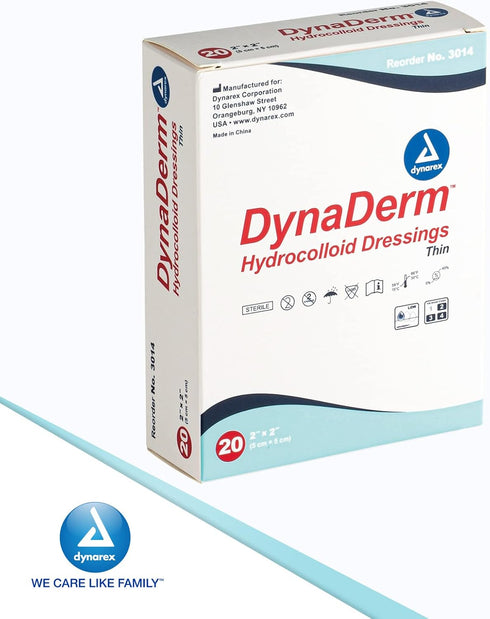 Dynarex DynaDerm Hydrocolloid Dressing, Sterile Moist Bandages Used for All Kinds of Wound, 2" x 2", Thin and Latex-Free, Pack of 20...