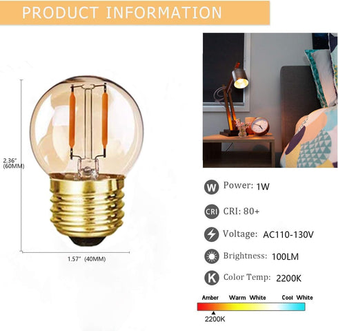 G40 G14.5 E26 LED Bulb Amber 1W Low Watt Edison Bulb 10 Watt Warm White 2200K Vintage LED Globe Night Light Bulb for Ceiling Fan, Chandelier, Vani...