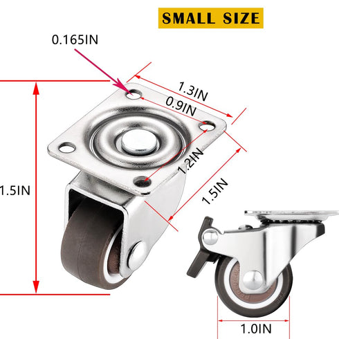 Small Caster Wheels 1 Inch, Low Profile 360 Degree Swivel Casters Set of 4, Little Rubber Base Rolling Plate Caster Wheels for Small Furniture(2 w...