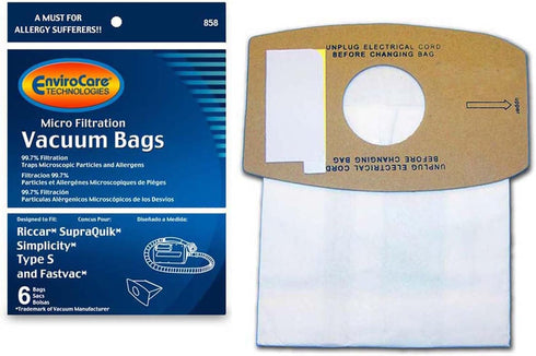 EnviroCare Replacement Micro Filtration Vacuum Cleaner Dust Bags made to fit Riccar SupraQuik and Simplicity Type S and Fastvac 6 pack...